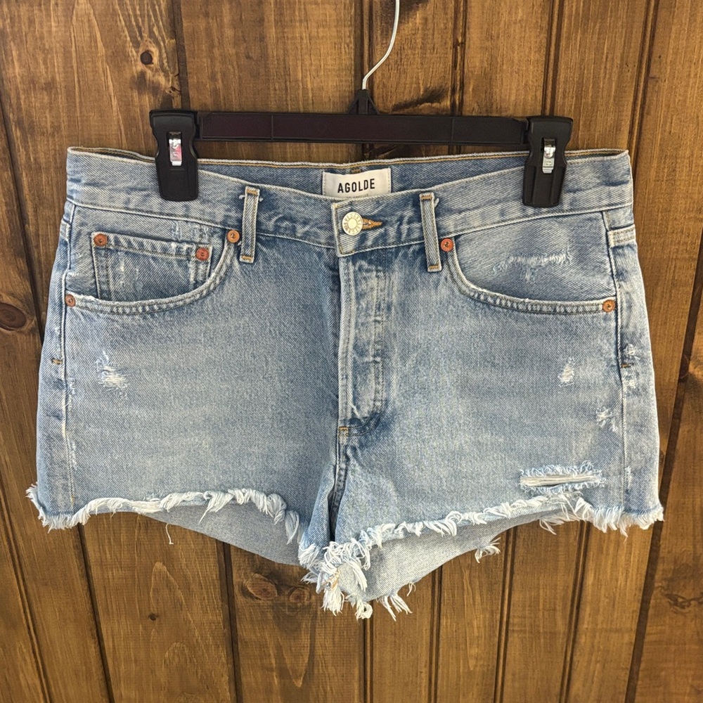 Agolde Light Blue Distressed Jean Shorts